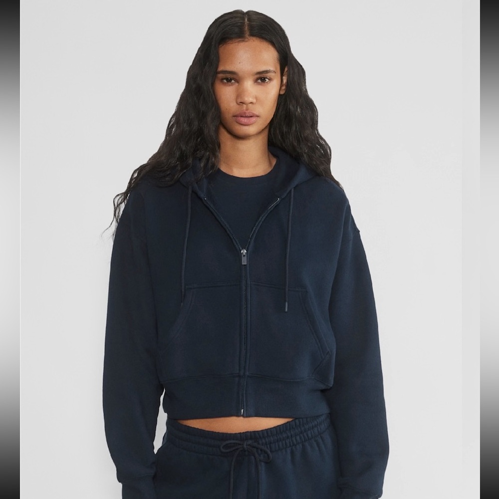 Aritzia TNA Sweatfleece Boyfriend Fit Navy Blue Crop Zip-Up Hoodie